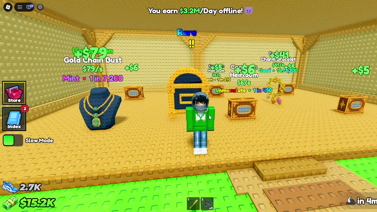 A Roblox base display shows an offline banner of $3.2M per day and item labels including Gold Chain Bust at $79 per second.