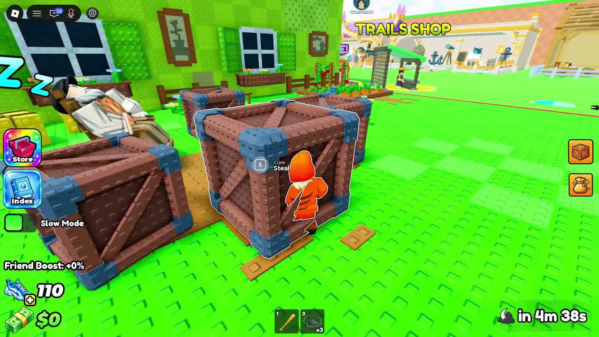 An avatar stands beside a crate and an E key prompt labeled Steal is visible.