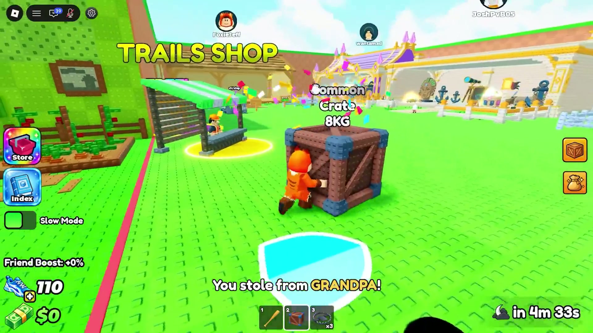 A Roblox avatar carries a Common Crate labeled 8KG while a theft message appears.