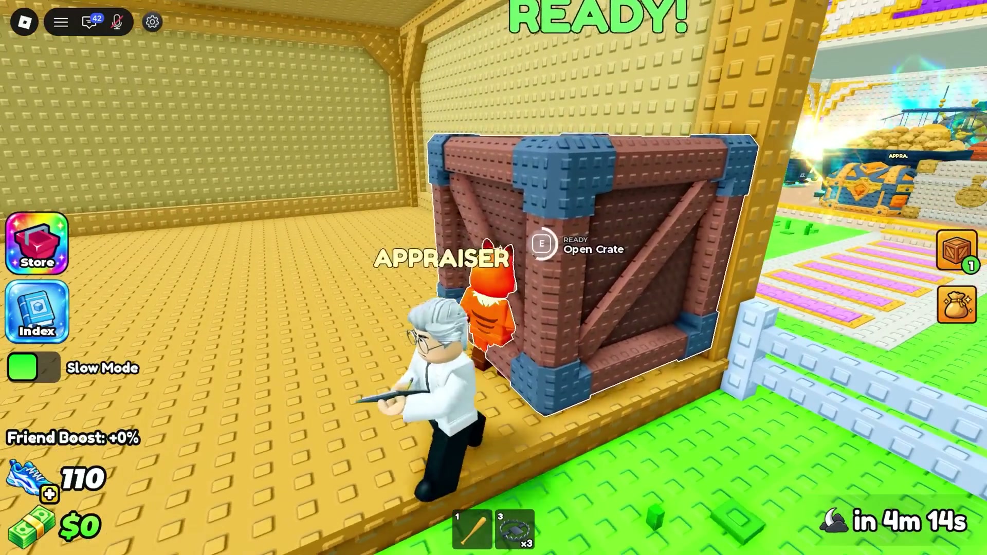 A crate beside an NPC labeled Appraiser has an E Open Crate prompt.