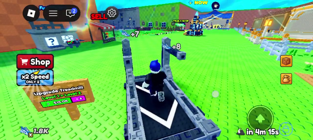 A player runs on a treadmill beside floating shoe markers labeled plus 7 and plus 8; the HUD shows 1.8K.