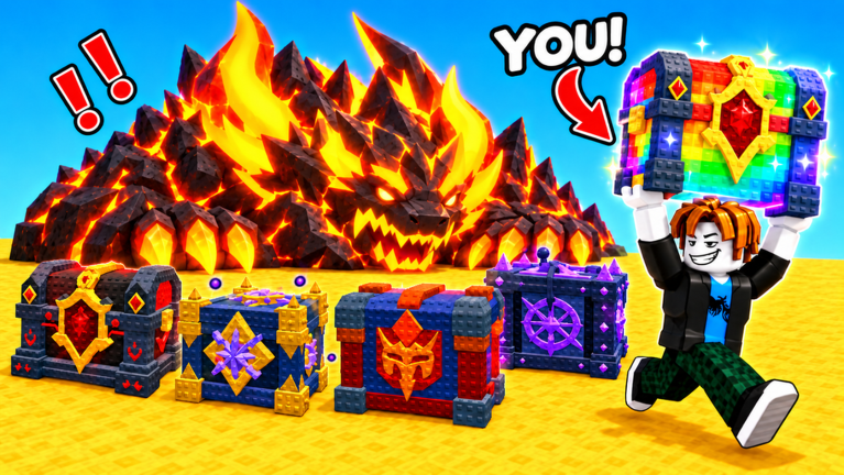 Official Roblox experience thumbnail showing an avatar carrying a colorful chest among several crates.