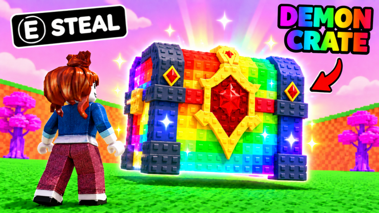 Official Roblox experience thumbnail showing an avatar facing a colorful crate beside an E Steal label.