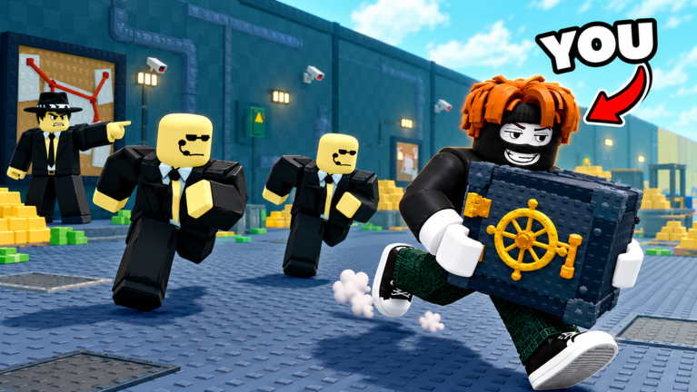 Official Roblox experience thumbnail showing an avatar carrying a blue vault as guards pursue.