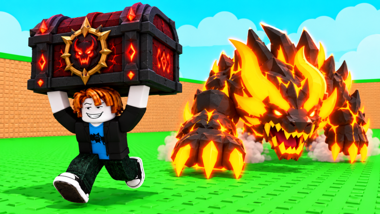 Official Roblox experience thumbnail showing an avatar carrying a demon chest with a large creature behind.